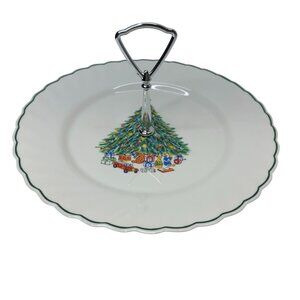 Salem Noël Christmas Tree Handled Server Plate Green Trim 10 Inches Vintage